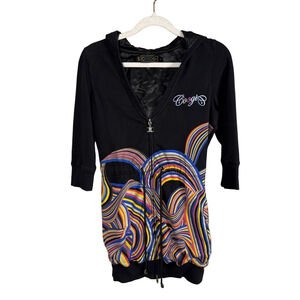 COOGI Rare Y2K Black Hoodie with Multicolor Wave Design Size S Streetwear